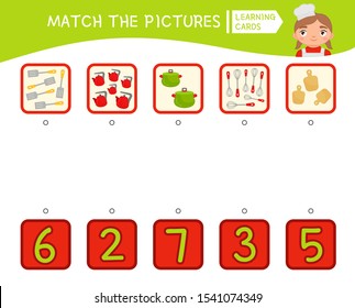 Counting educational children game, math kids activity sheet.  Match the pictures.