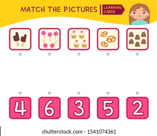 Counting educational children game, math kids activity sheet.  Match the pictures.