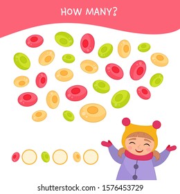 Counting educational children game, math kids activity sheet. How many objects task. Illustration of a cute girl.