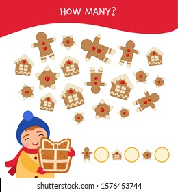 Counting educational children game, math kids activity sheet. How many objects task. Illustration of a cute boy with gingerbread in hands.
