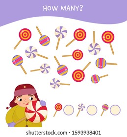 Counting educational children game, math kids activity sheet. How many objects task. Cartoon cute boy with lollipop.