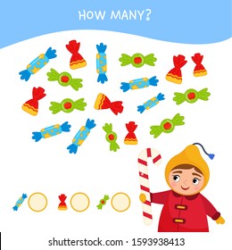 Counting educational children game, math kids activity sheet. How many objects task. Cartoon cute girl with lollipop.