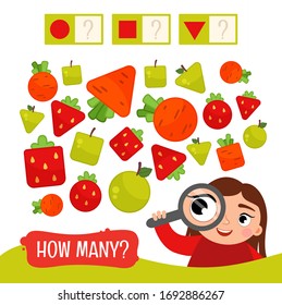 Counting educational children game, math kids activity sheet. How many objects task. Material for studying geometric shapes.