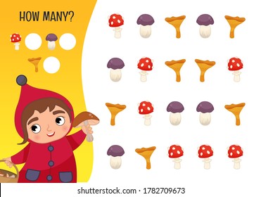 Counting educational children game, math kids activity sheet. How many objects task. Autumn. Cartoon cute girl with mushrooms.