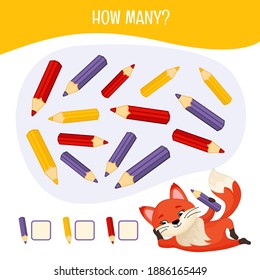 Counting Educational Children Game, Math Kids Activity Sheet. How Many  Pencils?