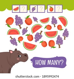 Counting educational children game, math kids activity sheet. How many  fruits?