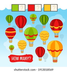 Counting educational children game, math kids activity sheet. How many air balloons of green, red and yellow colors?
