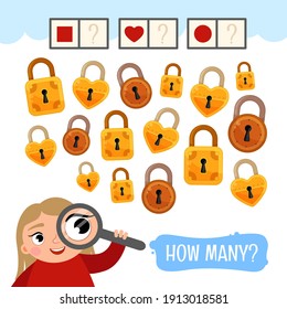 Counting educational children game  math kids activity sheet  How many locks different shapes?