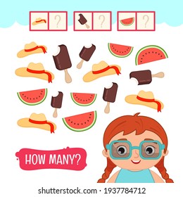 Counting educational children game, math kids activity sheet. How many watermelons, ice creams and hats?