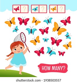 Counting Educational Children Game, Math Kids Activity Sheet. How Many Yellow, Blue And Pink Butterflies?