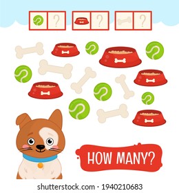 Counting educational children game, math kids activity sheet. How many bowls, balls and bones?