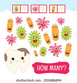 Counting educational children game, math kids activity sheet. How many objects task. Illustration of tooth with caries.
