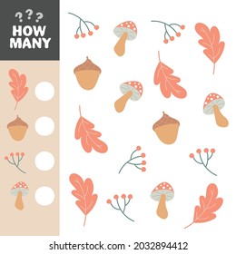 Counting educational children game, math kids activity sheet. How many objects task. Forest Autumn leaves and mushrooms
