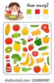 Counting educational children game, math kids activity sheet. How many objects task. Count how many products of different colors.
