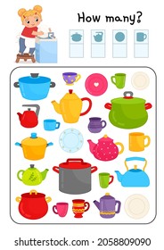 Counting educational children game, math kids activity sheet. How many objects task. Count how many pots, plates, mugs and teapots.
