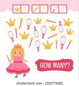 Counting educational children game, math kids activity sheet. How many objects task. Cute little girl dressed as a princess.

