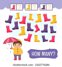 Counting educational children game, math kids activity sheet. How many objects task. Count how many rubber boots are pink, purple and yellow.
