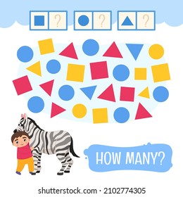 Counting educational children game, math kids activity sheet. How many objects task.Cute boy hugs a zebra.
