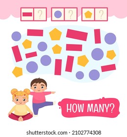 Counting educational children game, math kids activity sheet. How many objects task. Cute cartoon kids doing yoga.
