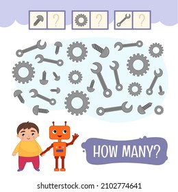 Counting educational children game, math kids activity sheet. How many objects task.  A cute boy holds the hand of a robot.
