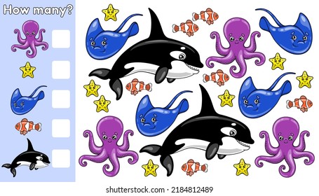 Counting educational children game, math kids activity sheet. Count how many sea animals. Vector illustration in cartoon style.