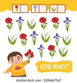 Counting educational children game, math kids activity sheet. How many objects task. Help the boy count the flowers.
