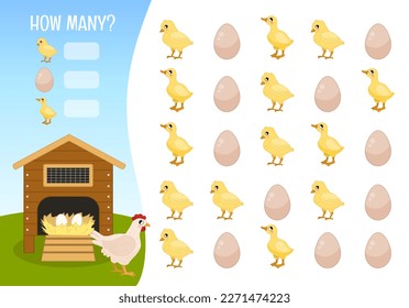 Counting educational children game, math kids activity sheet. How many objects task. Cartoon illustration of farm, hen, birdhouse and chickens.

