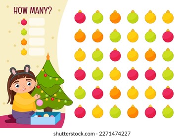Counting educational children game, math kids activity sheet. How many objects task. Cartoon illustration of a cute girl decorating a Christmas tree.
