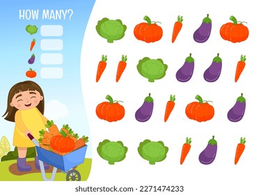 Counting educational children game, math kids activity sheet. How many objects task. Cartoon illustration of a cute girl driving a wheelbarrow full of carrots.
