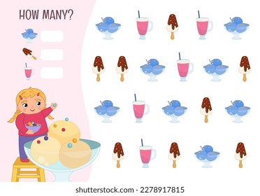 Counting educational children game, math kids activity sheet. How many objects task. Vector illustration of a cartoon cute girl sprinkles ice cream.
