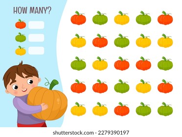 Counting educational children game, math kids activity sheet. How many objects task. Vector illustration of a cute boy holding a big pumpkin.
