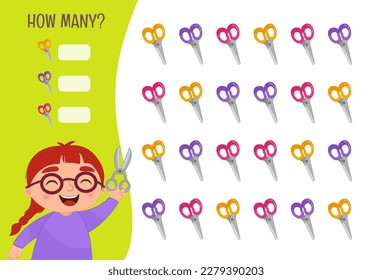 Counting educational children game, math kids activity sheet. How many objects task. Vector illustration of a cute girl holding scissors.
