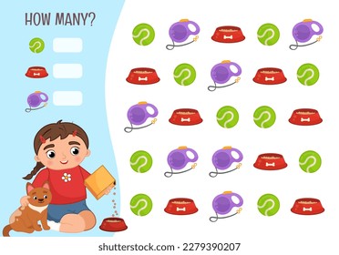 Counting educational children game, math kids activity sheet. How many objects task. Vector illustration of a cute girl feeding a dog.
