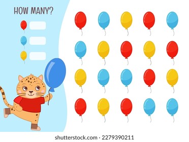 Counting educational children game, math kids activity sheet. How many objects task. Vector illustration of a cute jaguar holding a balloon.

