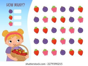 Counting educational children game, math kids activity sheet. How many objects task. Vector illustration of a cute girl holding a basket with strawberries.
