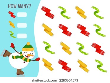 Counting educational children game, math kids activity sheet. How many objects task. Vector illustration of a cute snowman skating.
