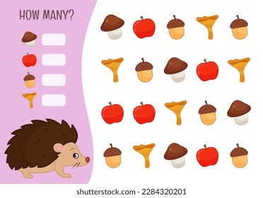 Counting educational children game, math kids activity sheet. How many objects task. Vector illustration of a cute hedgehog.
