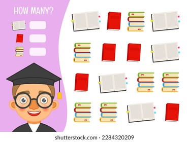 Counting educational children game, math kids activity sheet. How many objects task. Vector illustration of a cute student boy.
