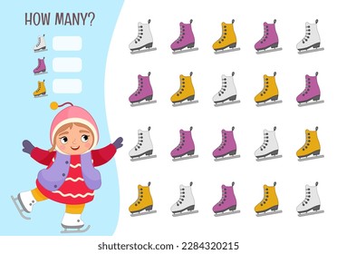 Contando juego de niños educacionales, hoja de actividades de niños matemáticos. ¿Cuántos objetos se realizan? Ilustración vectorial de una linda chica patinando.
