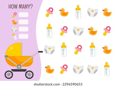 Counting educational children game, math kids activity sheet. How many objects task. Vector illustration of yellow stroller

