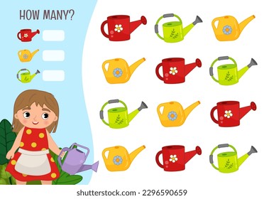 Counting educational children game, math kids activity sheet. How many objects task. Vector illustration of cute little girl watering flowers.
