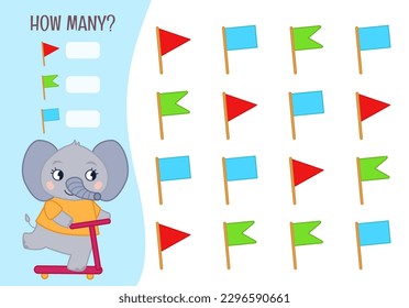 Counting educational children game, math kids activity sheet. How many objects task. Vector illustration of cute elephant.
