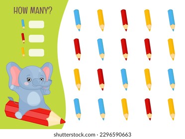 Contando juego de niños educacionales, hoja de actividades de niños matemáticos. ¿Cuántos objetos se realizan? Ilustración vectorial de un elefante lindo con lápiz.

