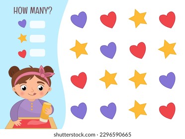 Counting educational children game, math kids activity sheet. How many objects task. Vector illustration of geometric forms.
