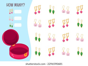 Counting educational children game, math kids activity sheet. How many objects task. Vector illustration of beautiful jewelry box.
