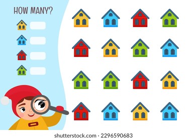 Counting educational children game, math kids activity sheet. How many objects task. Vector illustration of cute girl.
