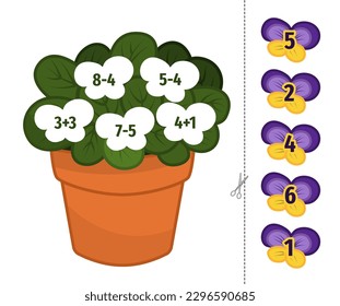 Counting educational children game, math kids activity sheet. Cut out and glue the flowers in the right place.
