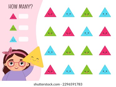 Counting educational children game, math kids activity sheet. How many objects task. Vector illustration of geometric forms.
