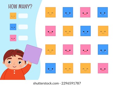 Counting educational children game, math kids activity sheet. How many objects task. Vector illustration of geometric forms.
