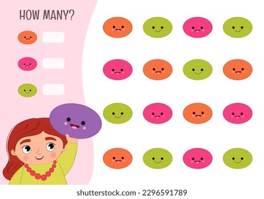 Counting educational children game, math kids activity sheet. How many objects task. Vector illustration of geometric forms.
